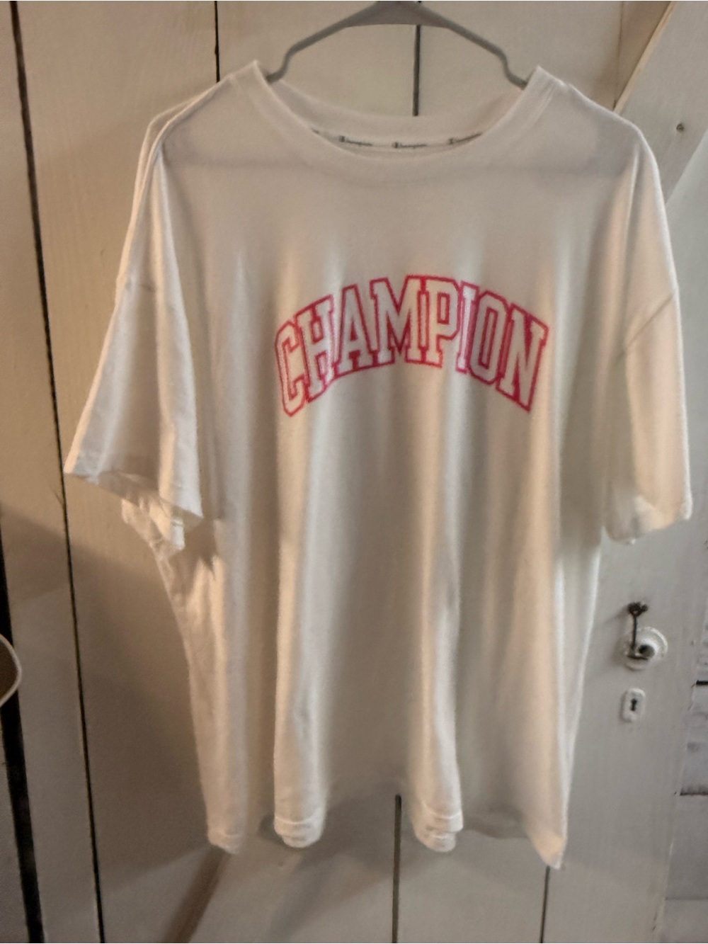 Champion White Short Sleeve Tee with Pink Arched Logo 2 XL